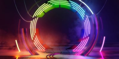 Futuristc multicoloured neon loop lights, empty stage background concept. 3D illustration.